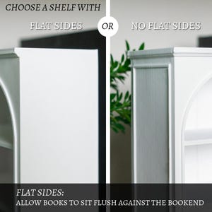 以下が含まれることがあります： 2つの棚のデザインを比較した画像。片方の棚は平らな側面があり、もう片方にはありません。「平らな側面または平らでない側面のある棚を選択してください」と書かれたテキスト。下には「平らな側面：本がブックエンドにぴったりと収まるようにする」と書かれています。