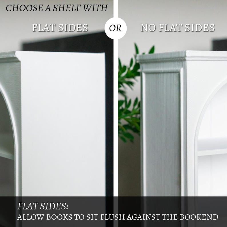 以下が含まれることがあります： 2つの棚のデザインを比較した画像。片方の棚は平らな側面があり、もう片方にはありません。「平らな側面または平らでない側面のある棚を選択してください」と書かれたテキスト。下には「平らな側面：本がブックエンドにぴったりと収まるようにする」と書かれています。