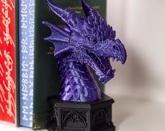 Dragon Bust Bookend, 3D Printed Gothic Base, Fantasy Library Shelf Decor