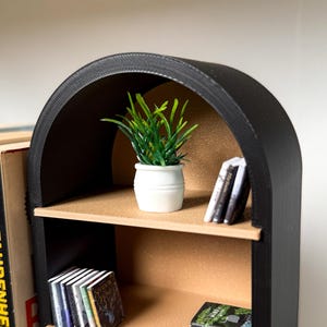 May include: A black arched bookshelf with two shelves. The shelves are made of brown cardboard and have a speckled texture. The bookshelf is decorated with a small potted plant and several books.