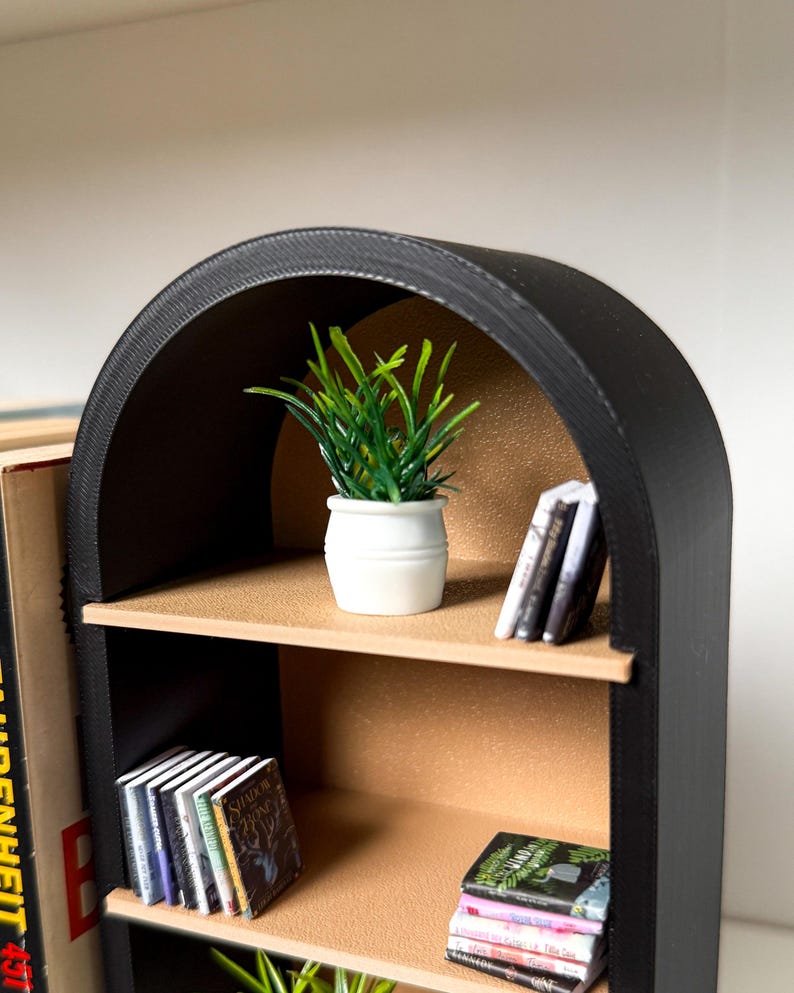 May include: A black arched bookshelf with two shelves. The shelves are made of brown cardboard and have a speckled texture. The bookshelf is decorated with a small potted plant and several books.