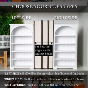 以下が含まれることがあります： アーチ型のトップと複数の棚を備えた白い本棚。画像には「CHOOSE YOUR SIDES TYPES」、「LEFT SIDE」、「RIGHT SIDE」というテキストが含まれています。テキストは、本棚のさまざまな側面オプションについても説明しています。