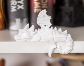 Shelf Hugger Dragon Skeleton, 3D Printed Fantasy Figurine, Bookshelf Buddy Decor