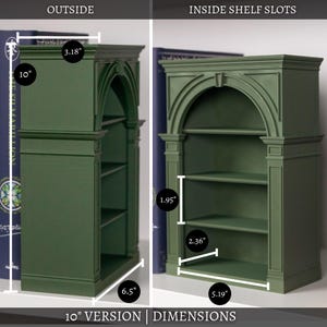 May include: A green miniature bookshelf with three shelves. The outside dimensions are 25.4 cm high, 16.5 cm wide, and 8.08 cm deep. Inside shelf slots are 4.95 cm high, 6 cm wide, and 13.18 cm deep. The text "10" VERSION | DIMENSIONS" is at the bottom.