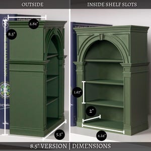 May include: A green miniature bookshelf with three shelves. The outside dimensions are 21.59 cm high, 13.97 cm wide, and 7.21 cm deep. Inside shelf slots are 10.77 cm wide and 5.08 cm deep. The text "8.5" VERSION | DIMENSIONS" is at the bottom.
