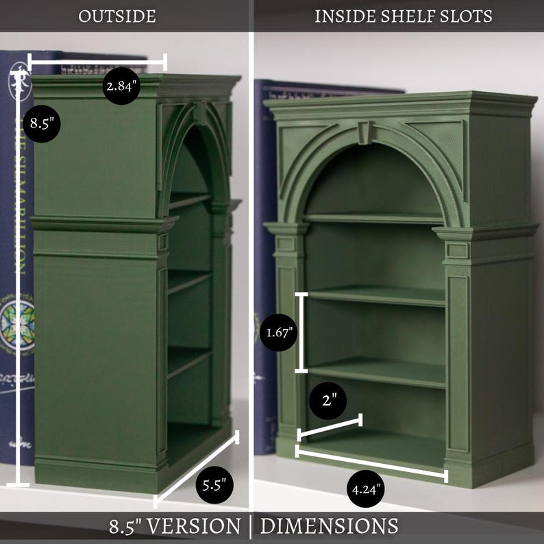 May include: A green miniature bookshelf with three shelves. The outside dimensions are 21.59 cm high, 13.97 cm wide, and 7.21 cm deep. Inside shelf slots are 10.77 cm wide and 5.08 cm deep. The text "8.5" VERSION | DIMENSIONS" is at the bottom.