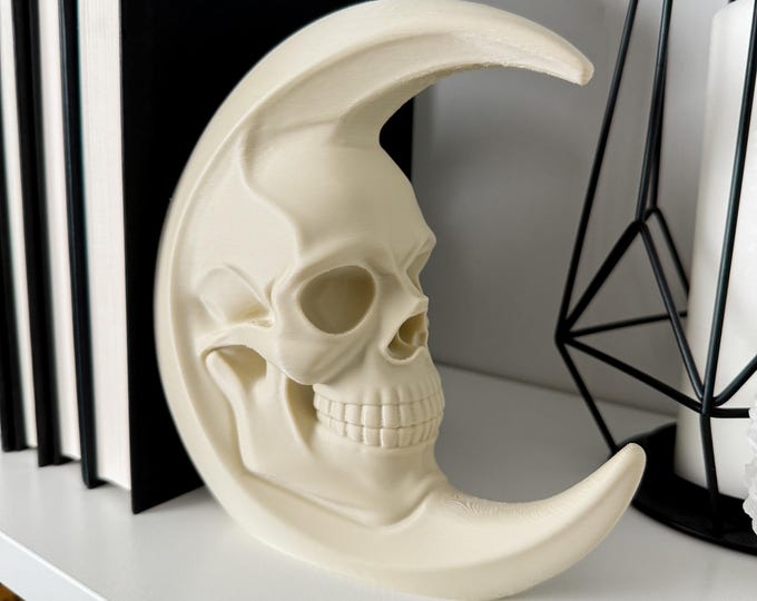 Gothic Crescent Moon Skull Bookend Set 3D Printed Gothic Halloween Bookshelf Decor Heavy Duty Book Holder Unique Spooky Home Library Gift