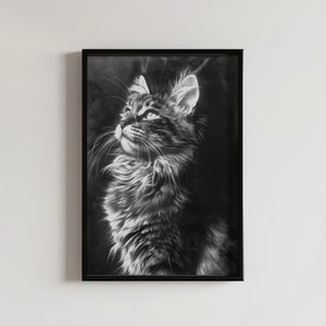 Póster de gato Maine Coon en blanco y negro, dibujo a lápiz de carboncillo, impresión artística de gato, arte de gato, regalo para amantes de los gatos