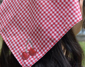Cherry Bandana | CottageCore Picnic Outfit Accessory, Cherry Themed Hair Bandana, Cute Hair Accessory, Casual Hat