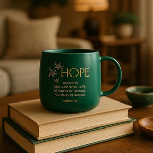 May include: A dark green ceramic mug with the word "HOPE" in gold lettering, along with inspirational text and bird graphics. The mug sits atop two books with tan covers, on a wooden table.