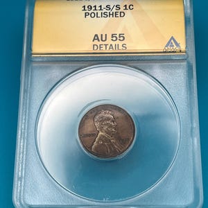 1911 S/S Lincoln Cent, polished, ANACS AU55 Details, Re-punched mint mark