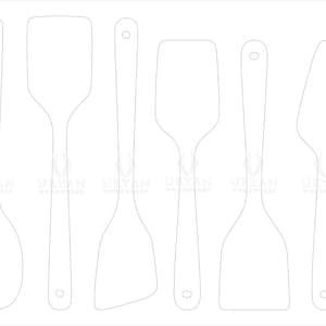 May include: Line drawing of seven wooden kitchen utensils, including spatulas, spoons, and a pie server. Each utensil has a handle with a hole for hanging. The utensils are in a row, with the brand name "ULYAN WOODWARE" repeated below each.