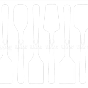 May include: A collection of seven wooden kitchen utensils, including spoons and spatulas, are displayed in a line. The utensils are outlined in a light gray color against a white background. The image is a line drawing.