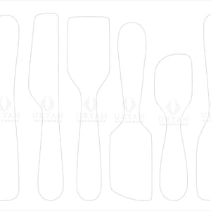 May include: Line drawing of various kitchen utensils, including spatulas, knives, and spoons. The utensils are in a row, with different shapes and sizes. The image is a simple outline, with no color.