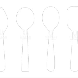 Può includere: Una serie di otto disegni a contorno di cucchiai, ciascuno con una forma di ciotola diversa. I cucchiai sono disposti in fila su uno sfondo bianco. Le ciotole dei cucchiai variano da rotonde a quadrate e appuntite.