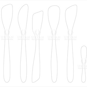 May include: Line drawing of several butter knives in various sizes and shapes. The knives have a rounded blade and a long, slender handle. The image includes the text "URYAN WOODWORKS" and "USMANURMAN WOODWORKS".