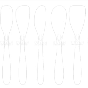 May include: Outlined illustration of various wooden kitchen utensils, including spoons and spatulas. The utensils have long, slender handles and rounded or flat heads. The image includes the text "URYAN WOODWORKS".