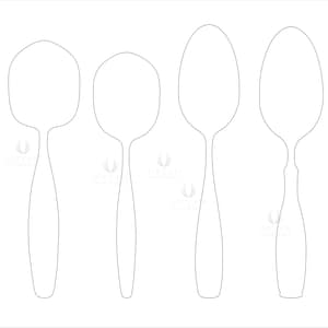 Könnte beinhalten: Eine Reihe von sieben Umrisszeichnungen von Löffeln in verschiedenen Größen. Die Löffel sind alle in die gleiche Richtung ausgerichtet und in einer Reihe angeordnet.