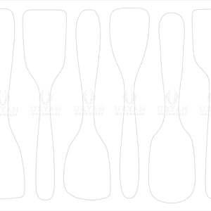 May include: A collection of eight wooden kitchen utensils, including spatulas and spoons, are displayed against a white background. The utensils vary in shape and size, with long handles and broad heads. The image is a line drawing.