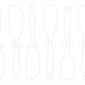 May include: A collection of eight white silicone spatulas in various shapes and sizes. Each spatula has a handle with a hole for hanging. The designs include rectangular, rounded, and angled edges, suitable for cooking and baking.
