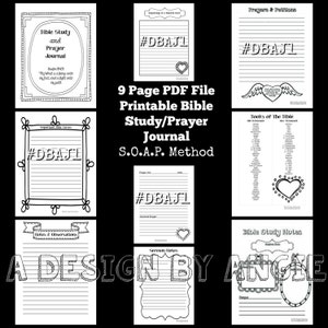 May include: A black and white printable Bible study and prayer journal. The journal includes pages for notes, important verses, prayers, and sermon notes. The text includes "Bible Study and Prayer Journal" and "S.O.A.P. Method".