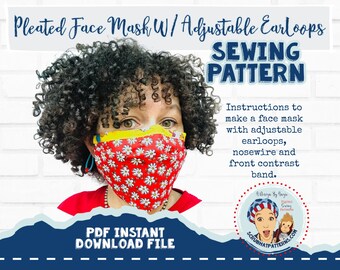 Easy Face Mask Sewing Pattern Printable Downloadable Reversible with Adjustable Earpieces PDF File