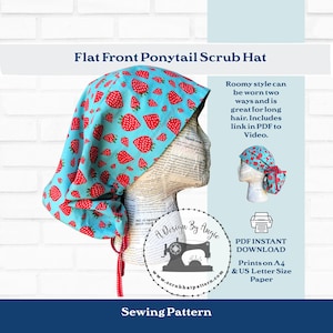 Ponytail Scrub Cap Sewing Pattern Flat Front with Video pdf download Tutorial Template Wear Two Ways A4 For LONG HAIR