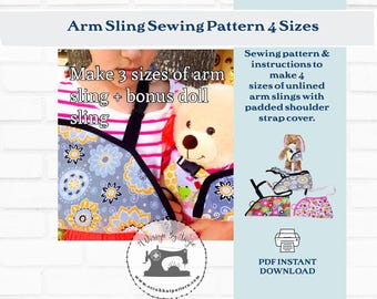 DIY Arm Sling Cast Cover Sewing Pattern Three Sizes Kids & Adults plus Bonus Doll Sling Pattern PDF digital download A4