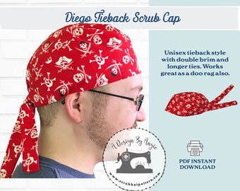Surgical Scrub Cap Pattern Tieback Men's or Women's Scrub Hat Doo Rag Download Sewing Pattern for Printing Diego