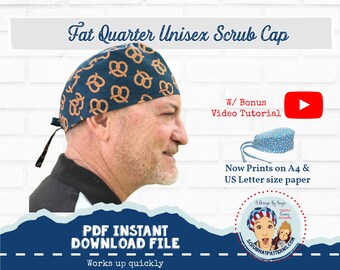 Scrub Cap Pattern Sewing PDF Download for FAT QUARTER Men's Unisex Tieback Scrub Cap and Video