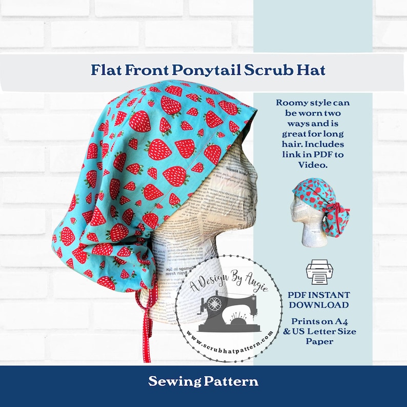 Very Roomy Ponytail scrub cap sewing patternfor LONG hair that can be worn tied backwith drawstring for aponytail or tieback scrub hat style. Print out sewing pattern at home.