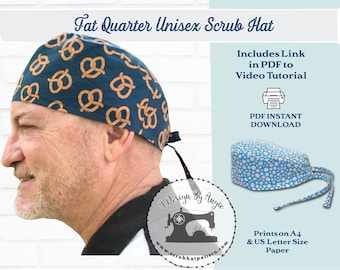 Scrub Cap Unisex Pattern Sewing PDF Download for FAT QUARTER Men & Womens Tieback Surgical Hat w/ Video