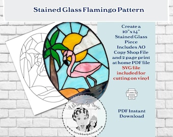 Tropical Flamingo Stained Glass Panel Pattern PDF and SVG Files Suncatcher Digital Download