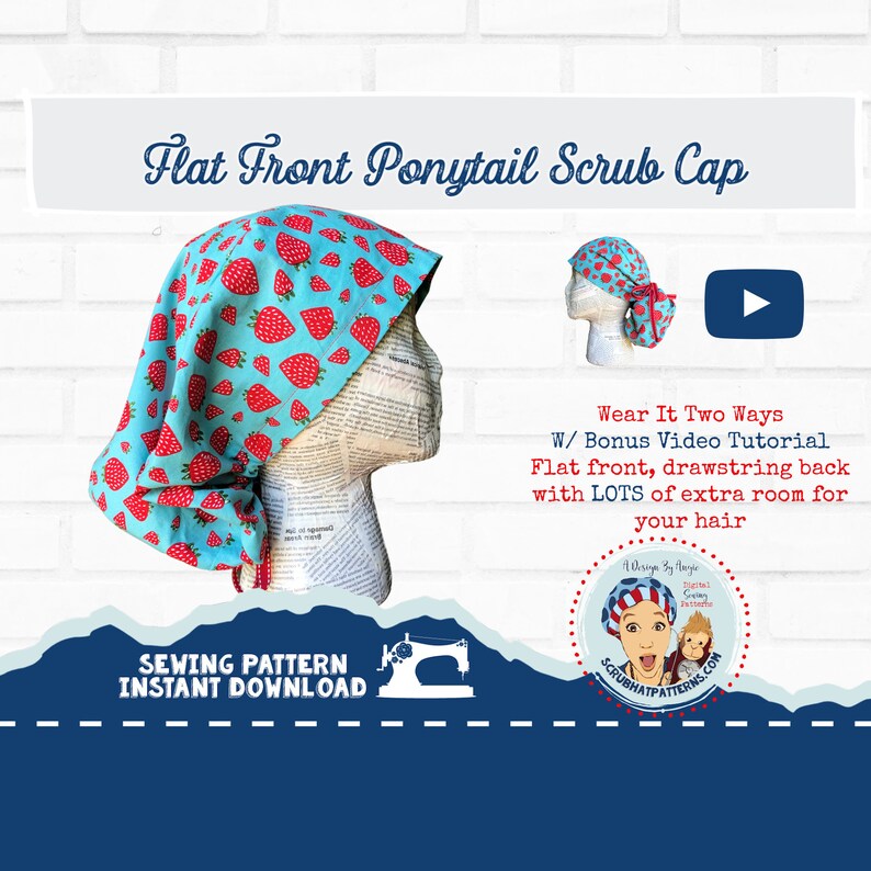 Ponytail Scrub Cap Pattern Sewing Tutorial For Flat Front Ponytail Scrub Hat w/Video pdf download Large hat for long hair dred locs image 1