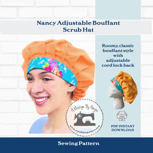 Bouffant Scrub Hat Sewing Pattern Printable PDF Tutorial For Fully Adjustable Nancy Scrub cap with Cord Lock DOWNLOAD