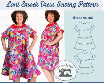 Smock Dress Sewing Pattern and Boho Blouse w/ Flutter Sleeves, Tiered Panel and Hi Lo Hem Line