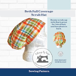 full coverage scrub hat sewing pattern for women with cord lock closure instant download with pleats on back