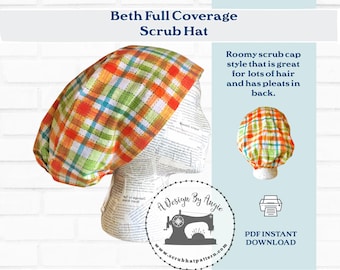 Scrub Hat Sewing Pattern Scrub Cap Chef's Hat pdf SewingTutorial, Instant DOWNLOAD ONLY full coverage Beth A4 Long Hair