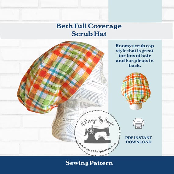 Scrub Hat Sewing Pattern Scrub Cap Chef's Hat pdf SewingTutorial, Instant DOWNLOAD ONLY full coverage Beth A4 Long Hair
