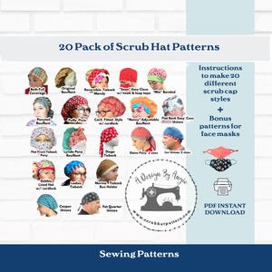 Surgical Cap Sewing Pattern PDF 20 Pack Downloadable Sewing Instructions Tutorial Bouffant Men's Tieback Pixie Ponytail Dental Cap