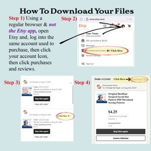 May include: A step-by-step guide on how to download digital files purchased on Etsy.com. The guide shows a screenshot of the Etsy website with instructions on how to access purchases and reviews, and how to download files from a specific order.