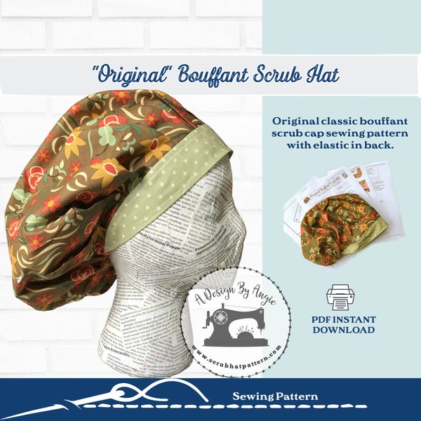 Bouffant Scrub Cap Sewing Pattern DIY Surgical nurse Scrub Hat Instructions Tutorial  PDF A4
