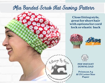 May include: A sewing pattern for a scrub hat with a green and white gingham band and a red fabric with white flowers. The pattern is called "Mia Banded Scrub Hat Sewing Pattern" and is available as a PDF instant download. The pattern is printed on A4 and US Letter size paper.
