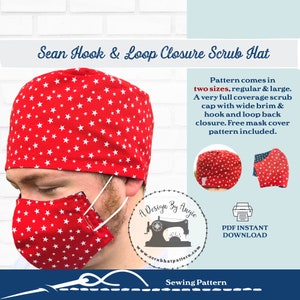 Scrub Hat Sewing Pattern in 2 Sizes with Face mask Cover - Hook & Loop Tape Back Closure (PDF digital Download)