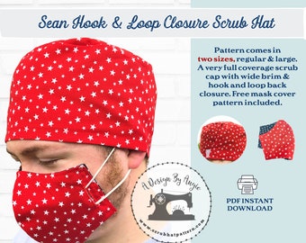 Scrub Hat Sewing Pattern in 2 Sizes with Face mask Cover - Hook & Loop Tape Back Closure (PDF digital Download)