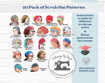 Scrub Hat Sewing Pattern 20 Pack DIY Downloadable PDF Sewing Instructions Tutorial Bouffant Men's Tieback Pixie Ponytail Pony Cap Face masks