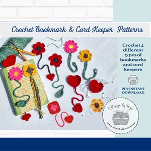 May include: Crochet patterns for four different types of bookmarks and cord keepers. The patterns include a sunflower, a heart, a flower, and a square. The patterns are available as an instant PDF download. The text "A Design By Angie" and "www.scrubhatpattern.com" are also visible.