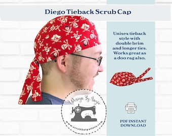 Surgical Scrub Cap Pattern Tieback Men's or Women's Scrub Hat Doo Rag Download Sewing Pattern for Printing Diego