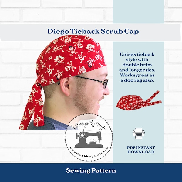 Chirurgische Scrub Cap Muster Tieback Herren oder Damen Scrub Hat Doo Rag Download Schnittmuster zum Drucken Diego