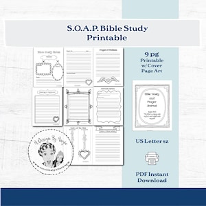 Black and white printable Bible study pages with decorative frames and text. Includes pages for notes, prayers, and journaling